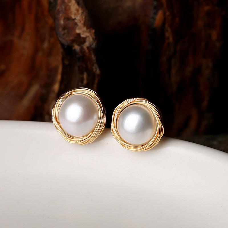 

Stud 14K Gold-clad Hand-wound Natural Freshwater Pearl Earrings Retro 925 Silver Needle Jewelry