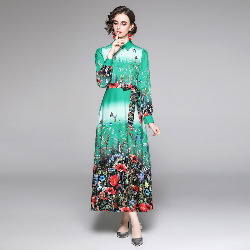 

2021 Chic Floral Butterfly Printed Maxi Dress Runway Women Designer Long Sleeve Shirt Neck Office Slim Ribbon Bow A-Line Dresses Autumn Wint, Black;gray