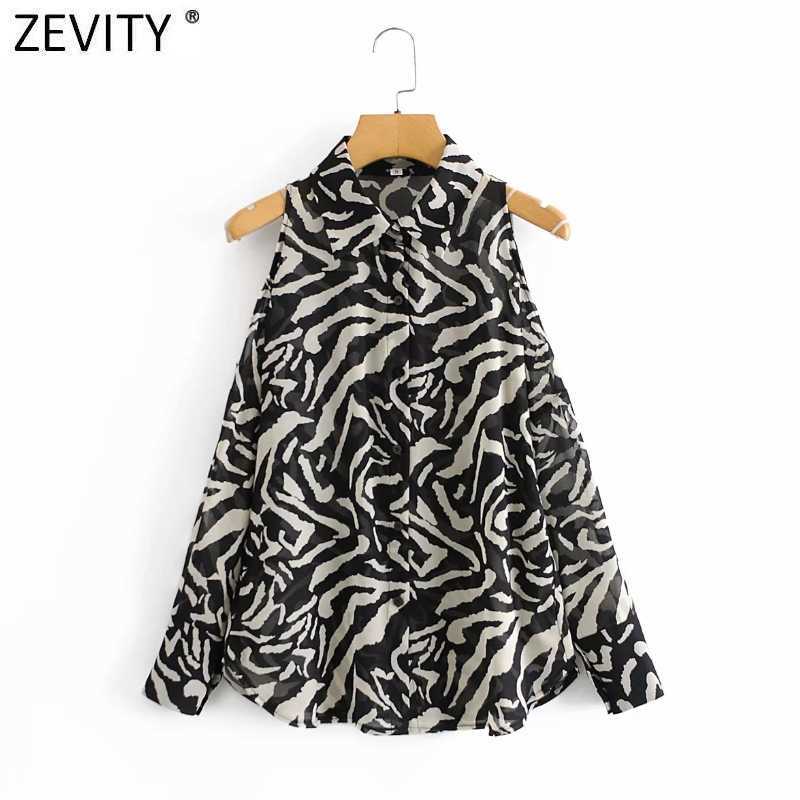 

Zevity Women Sexy Off Shoulder Animal Pattern Print Chiffon Smock Blouse Office Lady Breasted Shirt Chic Blusas Tops LS7448 210603, As pic ls7448aazz