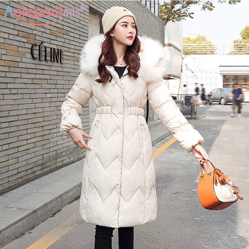 

Aelegantmis Women Winter Black Long Cotton Coat Casual Fur Hooded Thicken Warm Overcoat Ladies Slim Fashion Padded Parka Coats 210607, Red