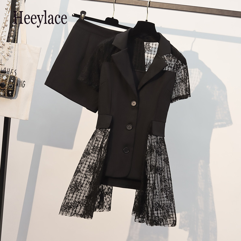 

Women's Two Piece Pants Set with two plus size pieces for women, elegance, office, irregular income, patchwork, blazer, top and shorts, suit, summer V83S, 1# shoe box