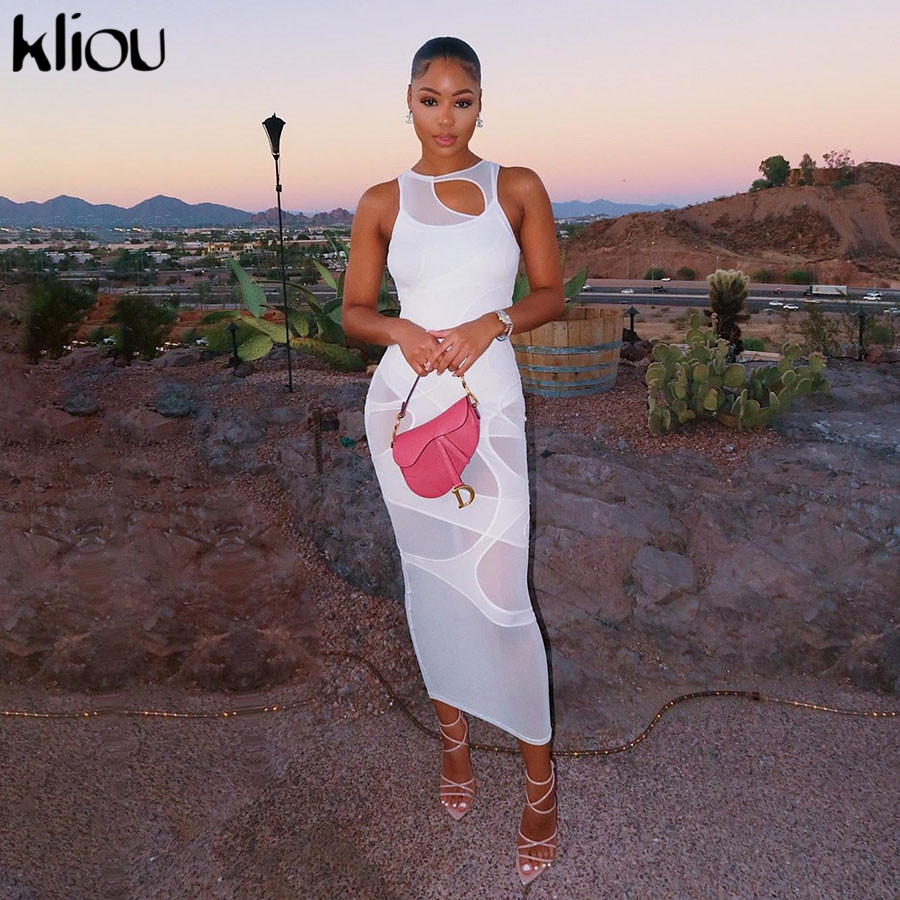 

Kliou Sexy Maxi Dress Women Spring Active Irregular Shape Streetwear Sleeveless Skinny Slim Bodycon Vestido Sense of Design Hot, Black