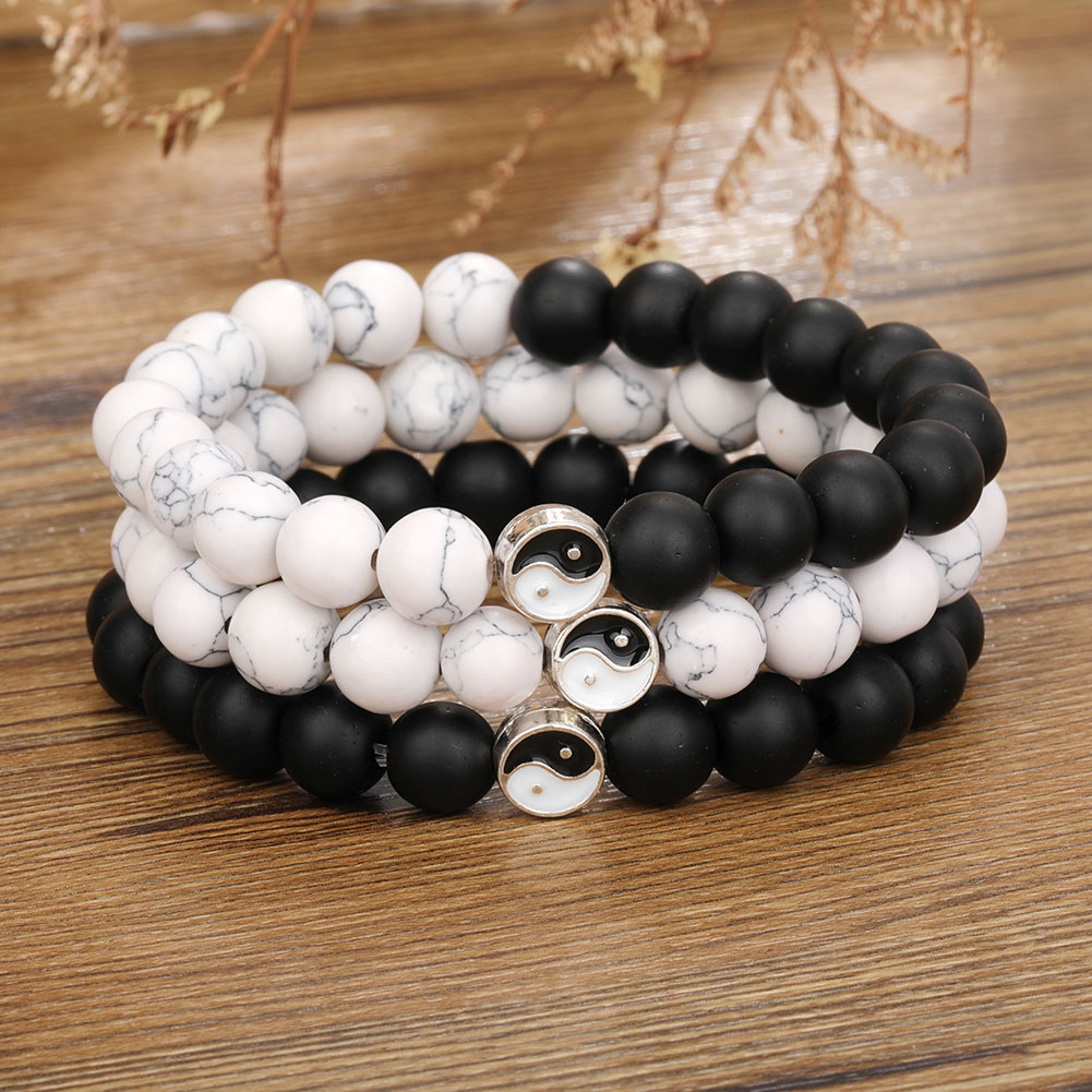 

8mm Fashion Men Women Taiji Yin Yang Feng Shui Beaded Strands Bracelet Natural White Turquoise and Black Bead Couple Friendship Distance Bracelets Jewelry Gift