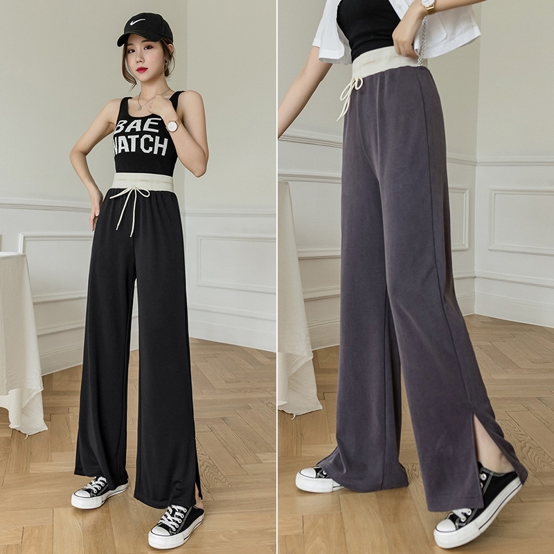 

High Quality Spring Summer Wide Leg Ice Silk Pants Women Waist Loose Casual Long Stacked Slit Women' Trousers 210603, Apricot