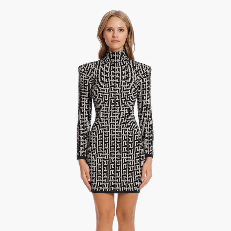 

Balma same high-grade Vintage jacquard long sleeve tight thin bandage small dress stand collar dress, Light gray