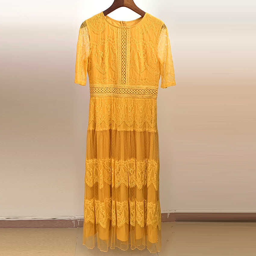 

Sale HIGH QUALITY est Fashion Runway Women's Elegant Short Sleeve Ruffles Lace Patchwork Mesh Yellow Maxi Long Dress 210526, Blue
