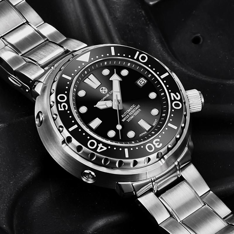 

Wristwatches PAGRNE DESIGN Men's Business Automatic Wristwatch Relogio Masculino Mechanical Watches Diver 300M Waterproof Sports Clock Reloj, All blue