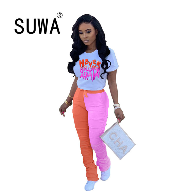 

Summer Outfits For Women Matching Sets Letter T-shirt Top + High Waist Sport Stacked Pants Joggers Legging Lounge Wear 210525, Green