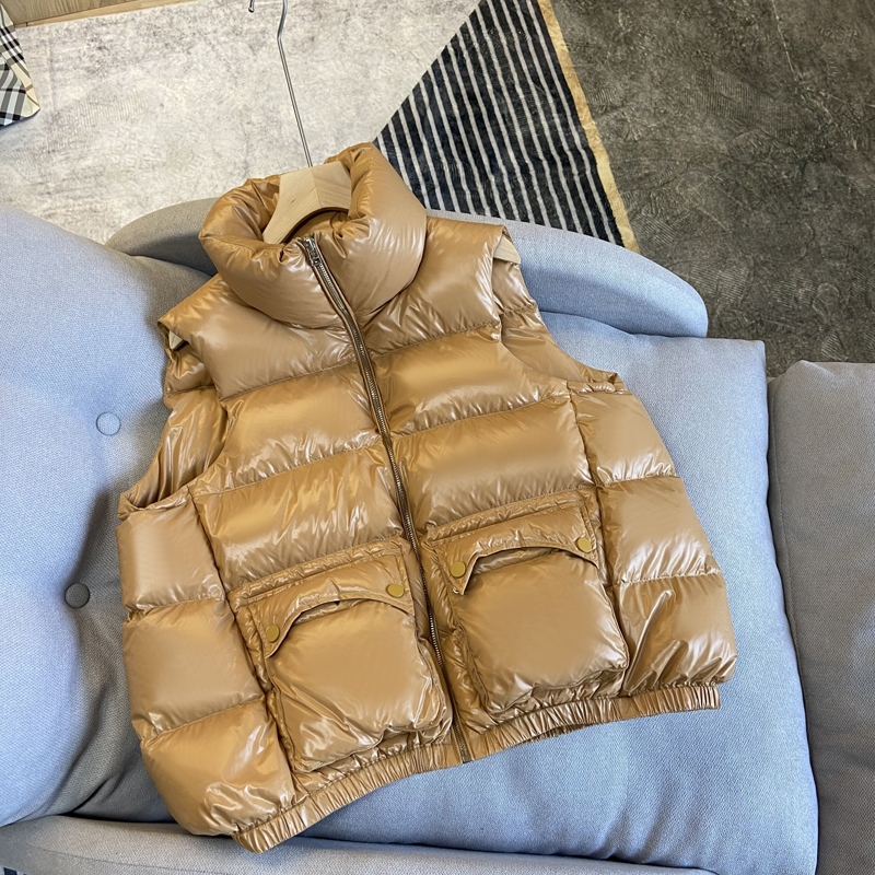 

Small Fashion Shiny Surface European Station Short Stand Collar down Vest down Jacket Vest Womens Bread Coat, Black