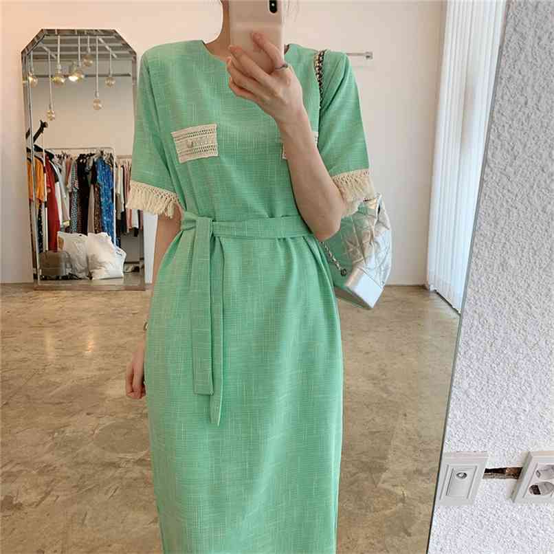 

Summer Retro Round neck Fringe Stitching Lace-up waist Green Dress for Women Loose Straight Knee-length Short-sleeved 210602