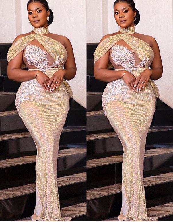

2021 Plus Size Arabic Aso Ebi Gold Sparkly Sexy Prom Dresses Lace Beaded Sheath Evening Formal Party Second Reception Gowns Dress ZJ150