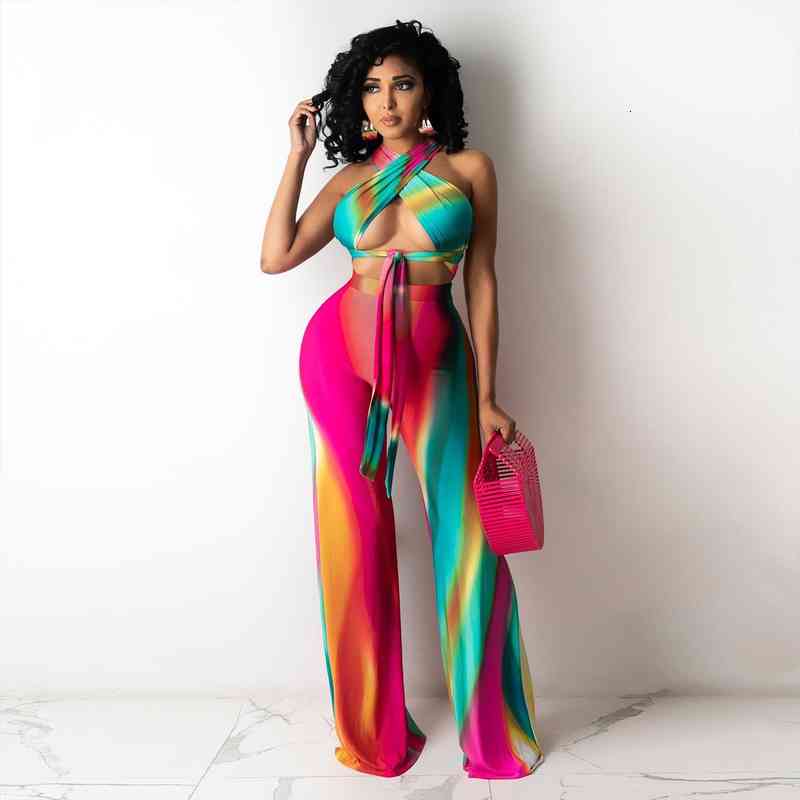 

womens halter neck printed crop and wide leg pant set two-piece suits summer laced bandage matching set club wear, White