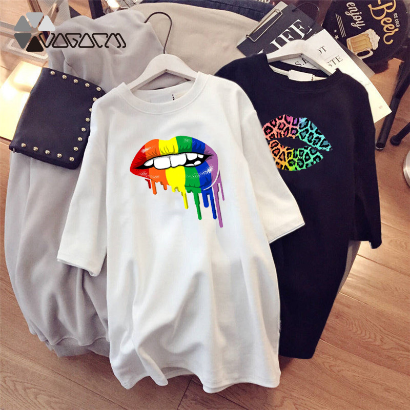 

Summer Plus Size Tshirt Dress Fashion Loose Vestidos Black White Sexy Lips Mini Sundresses Casual Streetwear Cute Woman Dresses, D001a829 white