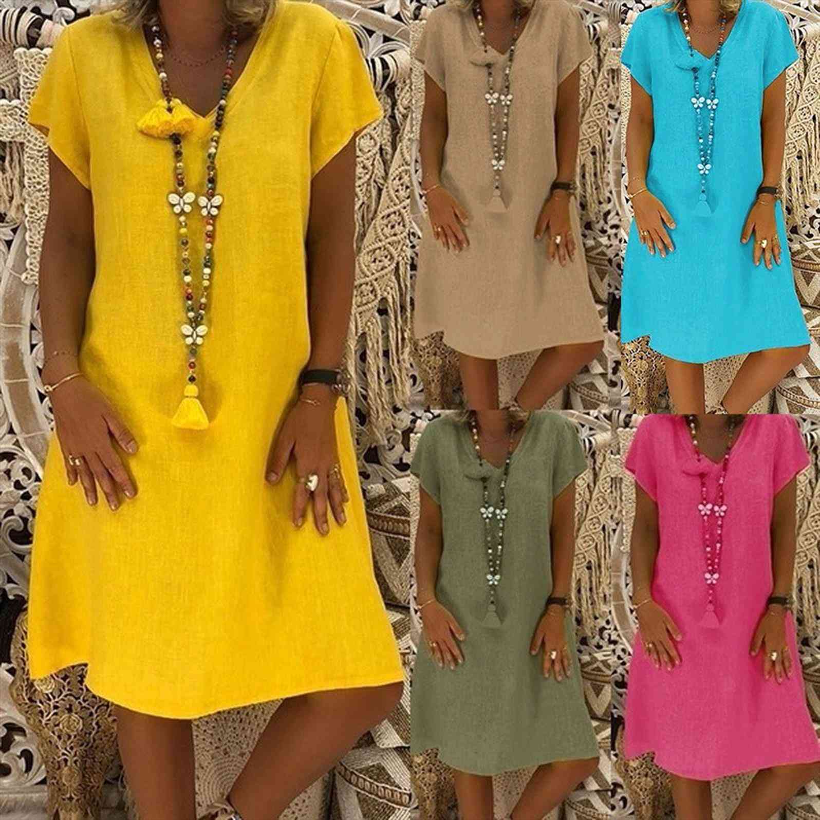 

fashion loose v neck women dresses summer short sleeve cotton and linen dress ladies plus size robe femme, Black;gray