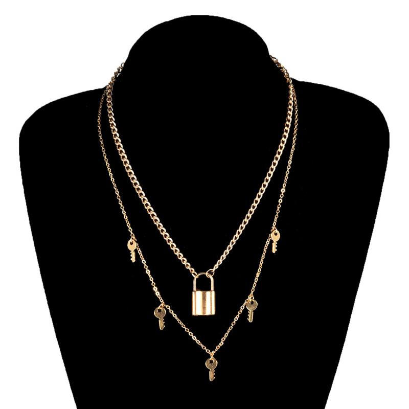 

Pendant Necklaces Chain Key Padlock Necklace For Women Lock Double-layer On The Neck Punk Jewelry, Silver