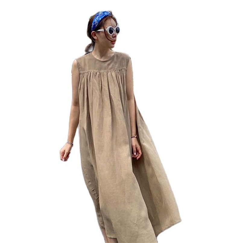 

Cotton and linen long sleeveless dress whom over-the-knee leisure loose big yards covered stomach vest the doll 210520, Camel