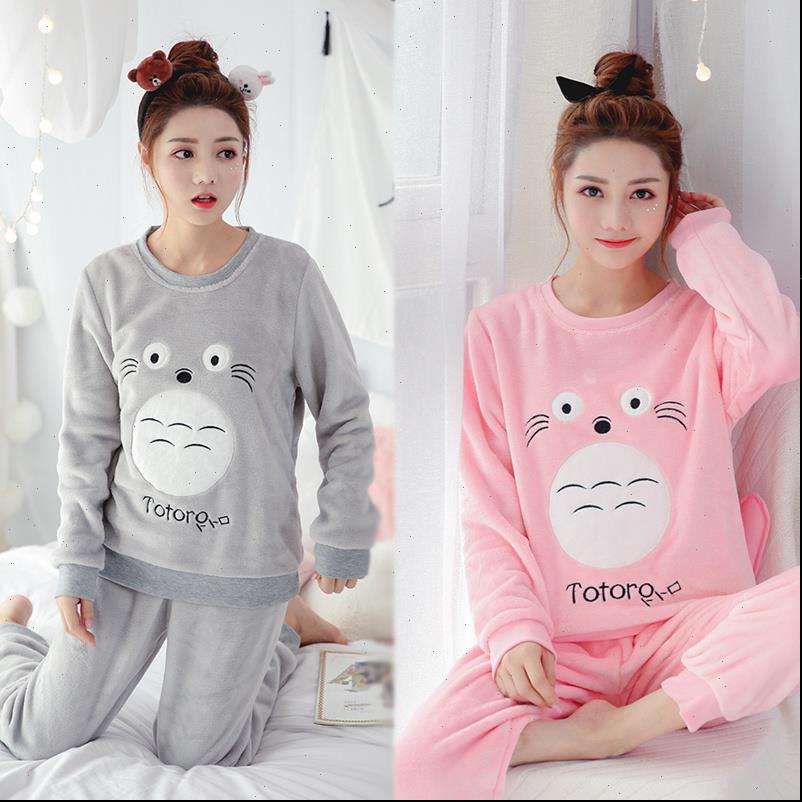 

autumn winter warm flannel pyjamas womens sleepwears sets coral velvet cartoon set thin pajamas for girl youth, Black;red