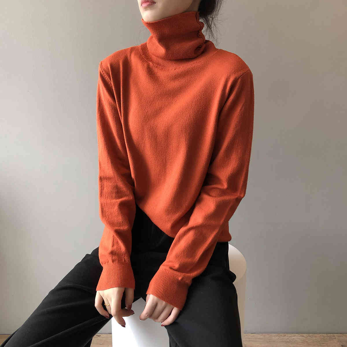 

Fall Winter Causal Version Of The High Neck Solid Color Base Knitted Tops Women Turtleneck Inner Long Sleeved Sweater 210520, Gray