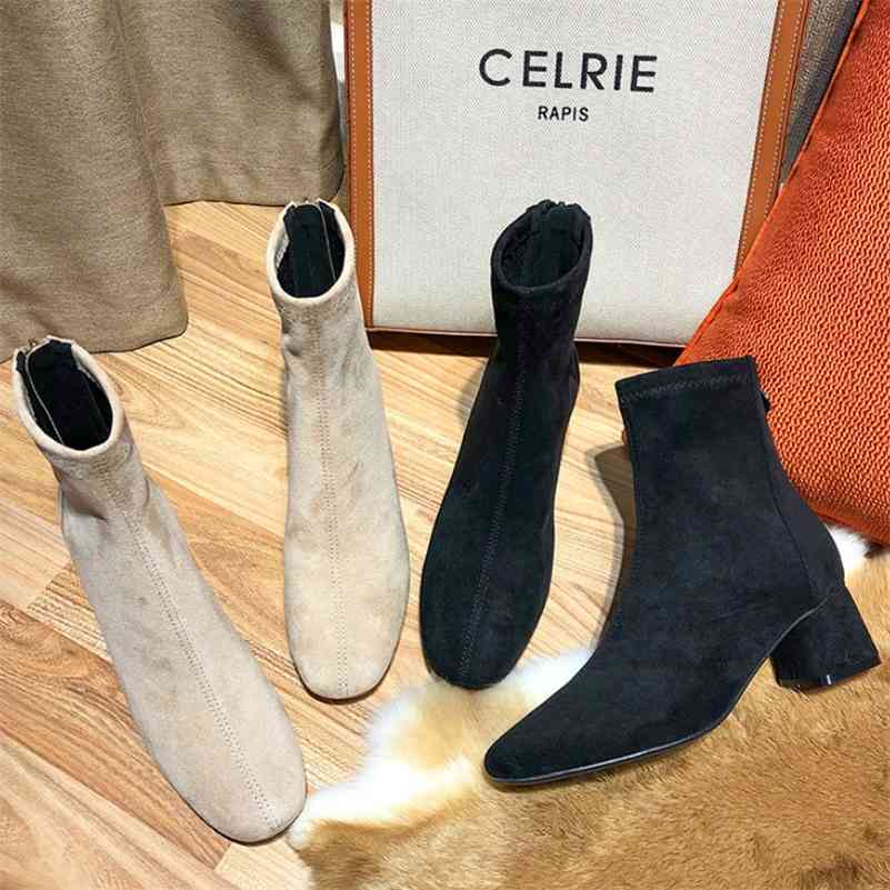 

Women Winter Boots Faux Suede Leather Zipper Black Beige Fashion Brand Platform Square High Heels Ankle Boots Women Shoes 210520, 2150-3-black