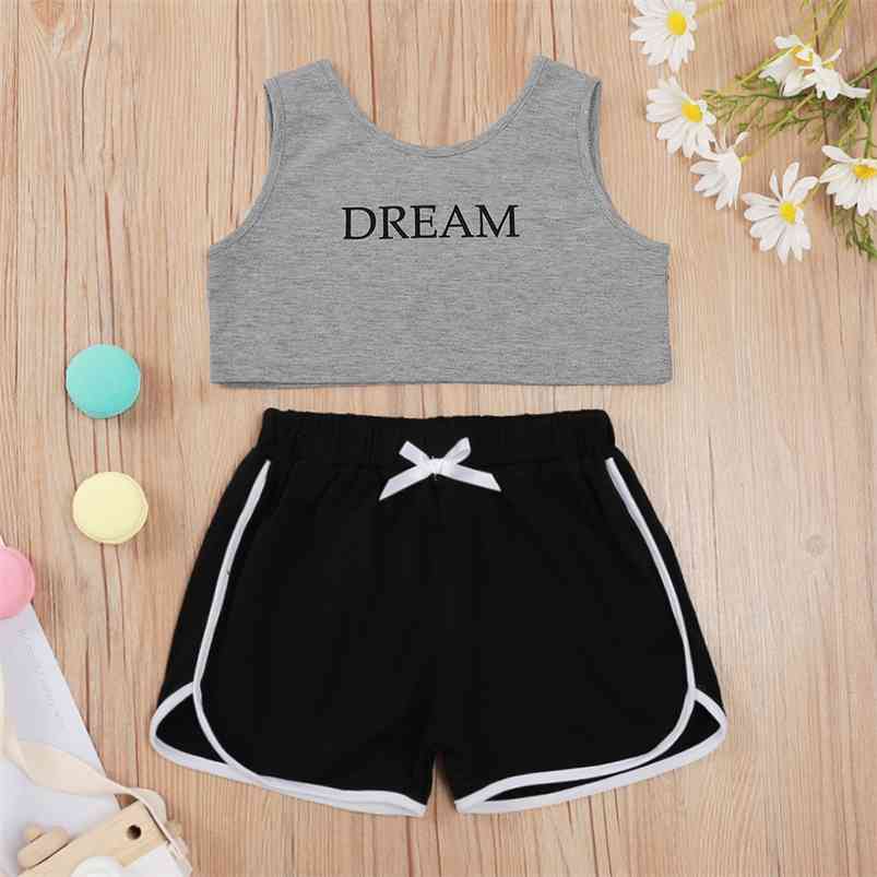 

Summer Children Sets Sleeveless Letter Gray Tops Bow Patchwork Black Shorts Cute 2Pcs Girls Boys Clothes Set 1-8T 210629