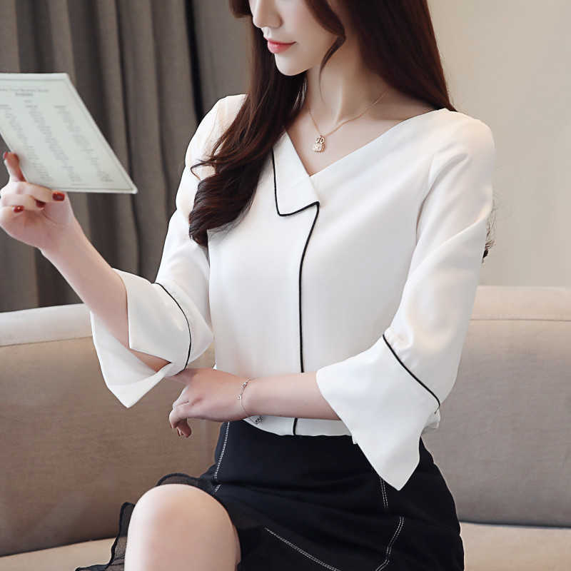 

Korean Women Blouse White  for Flare Sleeve  Woman Striped Shirt V-Neck Tops Plus Size 210604, Blue