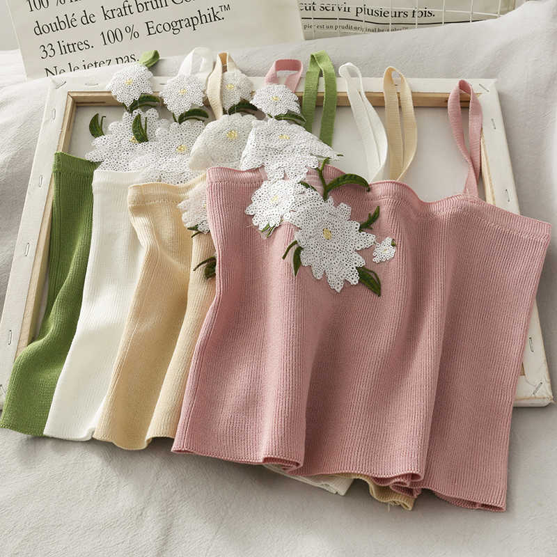 

Cute Women Crop Top Strappy Sleeveless Flower Appliques Fitness Streetwear Female Camis W105 210526, White