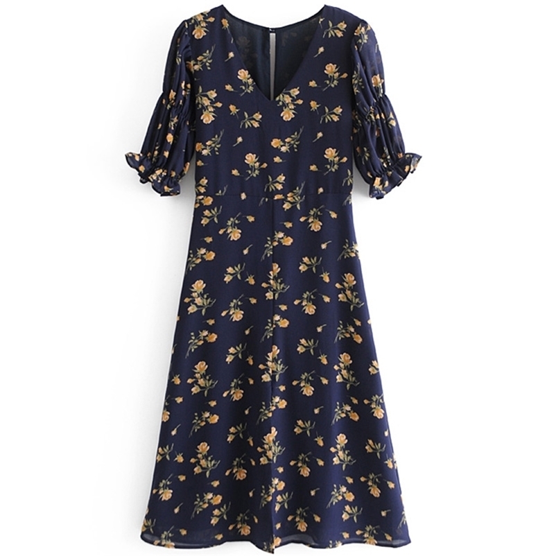 

women print long dress Summer Long Dress V-neck Puff Sleeve Slide Slit Female Casual Floral Print Clothes 210524, As the photo