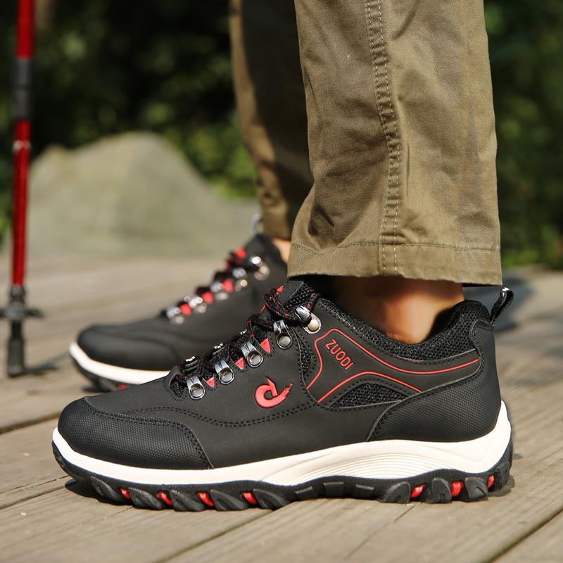 

Top Quality Brand Men Hiking Shoes Leather Men's Casual Shoes Outdoor Mens Sport Trekking Shoes Waterproof Mens Climbing Athletic Sneakers, Black