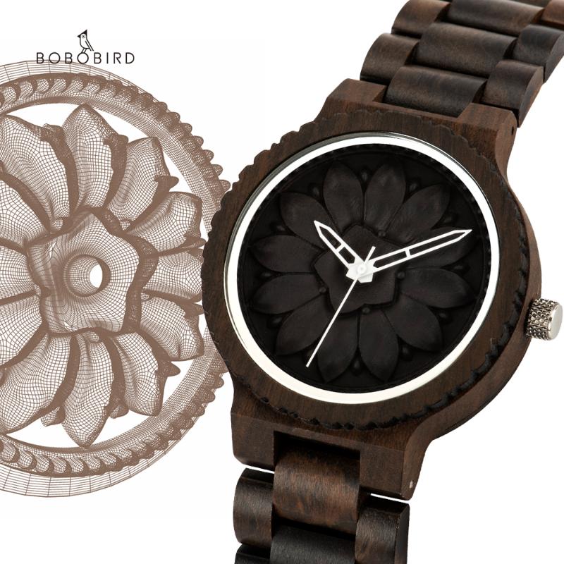 

Wristwatches Ebony Male Watch Quarzt Wooden Timepiece Bobo Bird Unique Engraved Wood Pattern Clock For Men Dress Orologio Uomo, Lotus 2
