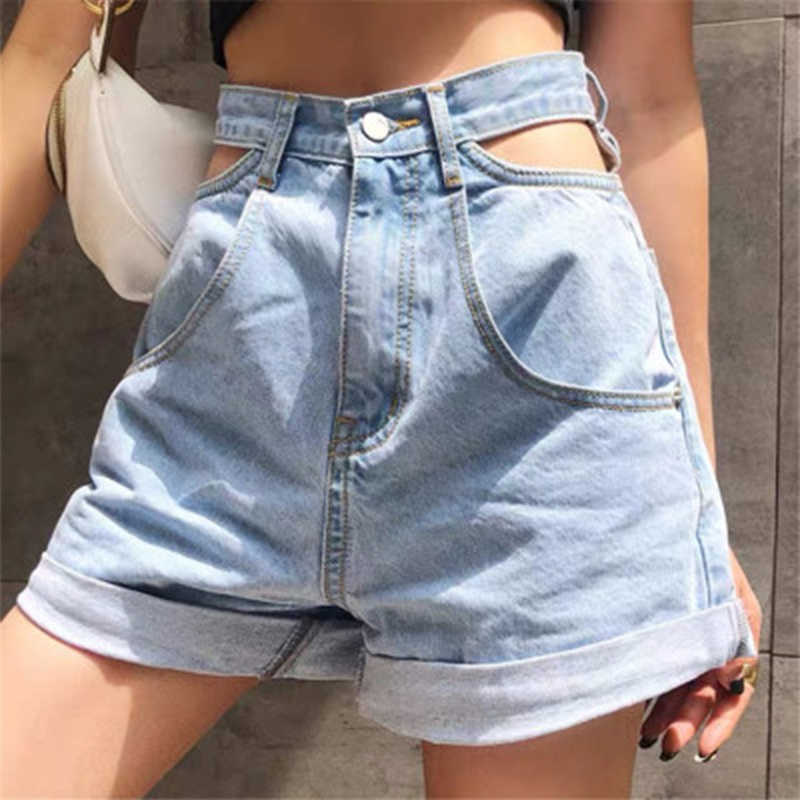 

High Waist Denim Short Jeans Hollow Out Korean Waisted Wide Leg Female Summer Streetwear Bottoms Girls 210607, Light blue