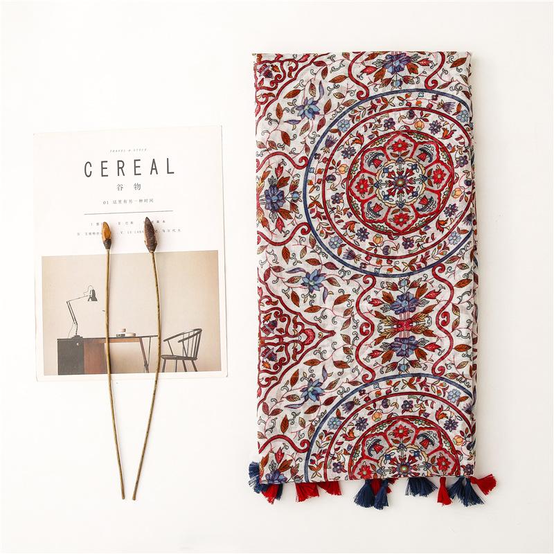 

Fashion Rattan And Leaf Print Cotton Tassel Scarf Women Spring Summer Thin Light Beach Cover Up Hijabs Headwear Scarves