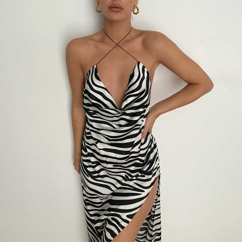 

Zebra Print Satin Women Halter Midi Dress Sexy Deep V Slit Ruched Backless Lace Up Loose Casual Festival Party Club Summer 210526