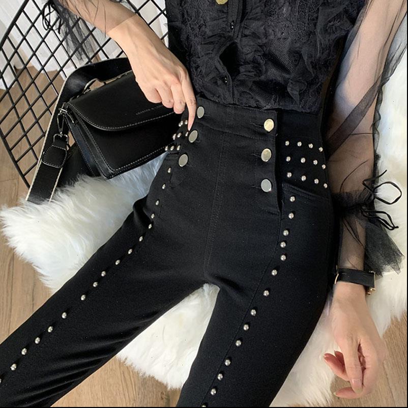 

autumn patchwork beading jeans womens pants high waist slim denim ankle length female streetwear fashion kz322, Black;white