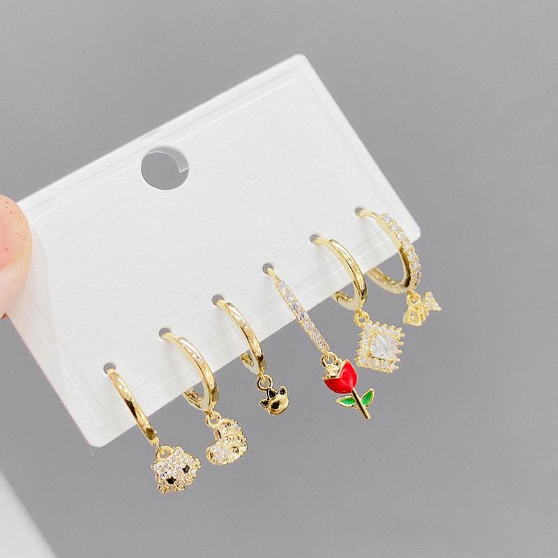 Hoop & Huggie CANNER Rose Cat Heart Earrings For Girl Women Cute Piercing Luxury CZ Zircon Korean 6PCS/Set Valentine's Day Gift-image-726771411