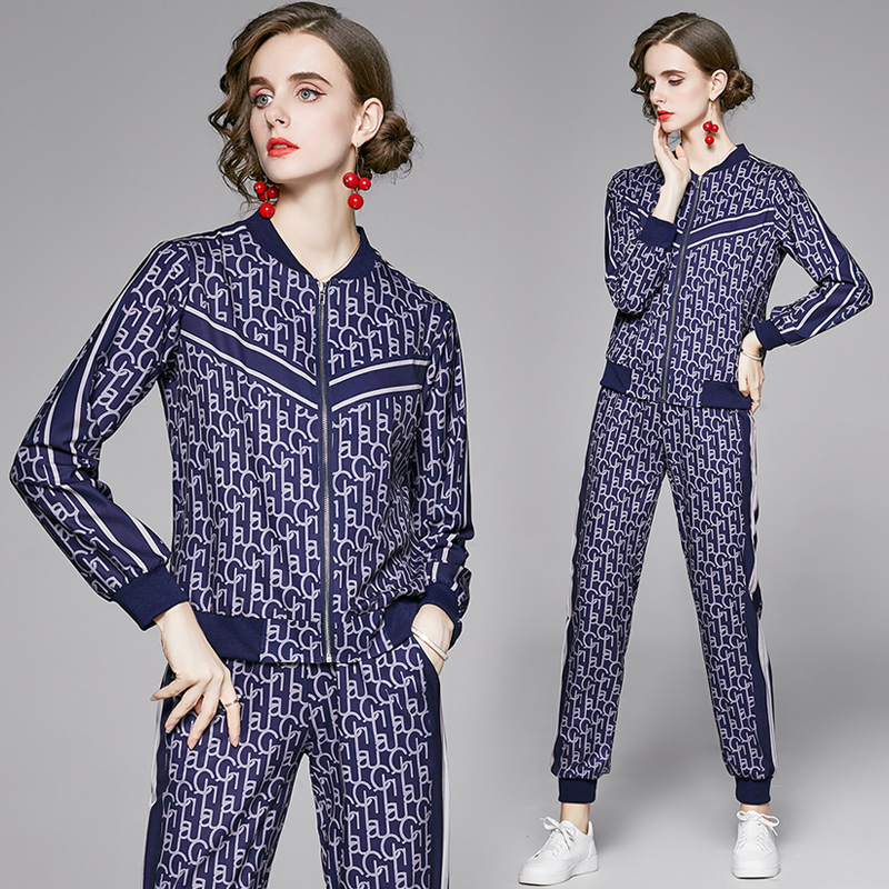 

Luxury Ladies Designer Sports Pants Suits Women Fashion Printed Casual Jackets Coat + Slim Trousers Elegant Spring Autumn Clothes Quality Runway Blue Two Piece Sets, Gray