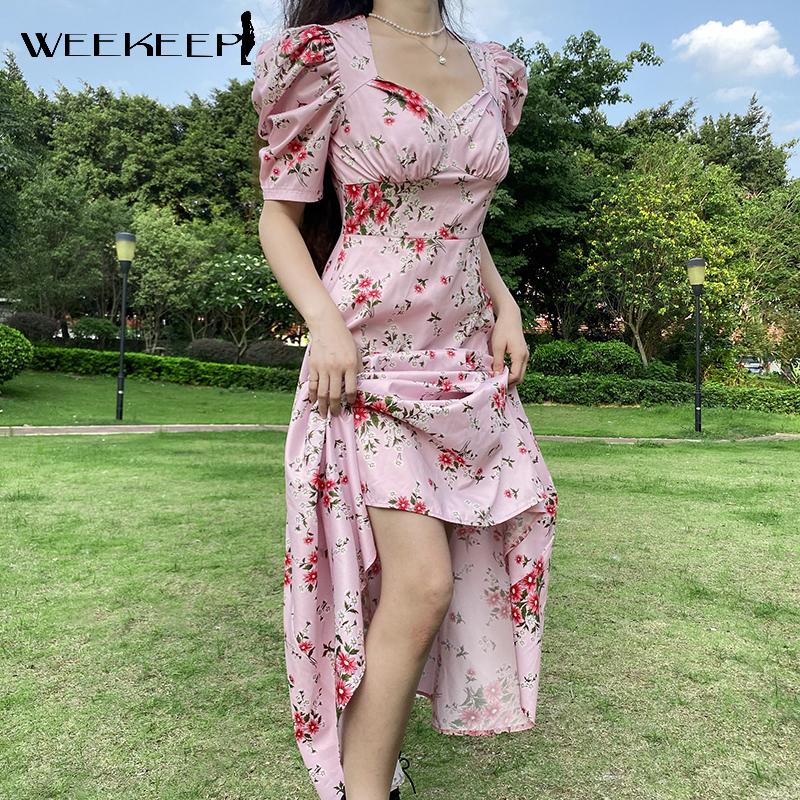 

Casual Dresses Weekeep Vintage Flower Pink Mixi Dress Women Puff Short Sleeve Baggy Long Summer Elegant Vacation Aesthetic Sundress, As picture