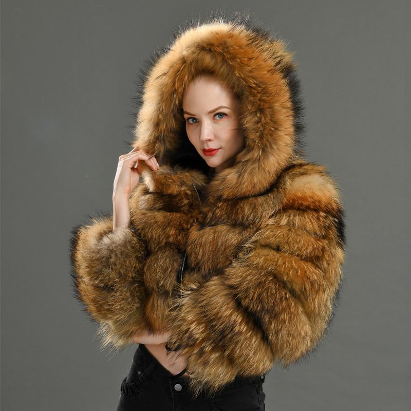 

Women's Fur & Faux Luxury Real Women Raccoon Coats With Hood Jacket Short Style Fashion Female Winter Thick Warm Genuine Outerwear, Black