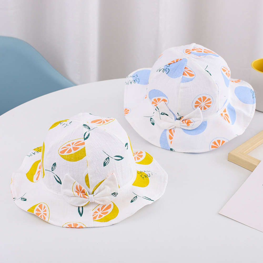 

Spring and summer baby basin cap cute bow children fisherman's small fresh lemon print sun hat, Yellow