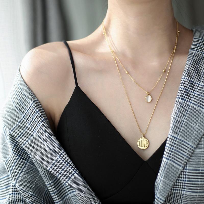 

Pendant Necklaces Opal Double Layer Letter Gold Color Wafer Bohemian Charm Women Necklace Jewelry Accessories Round Bead Chain