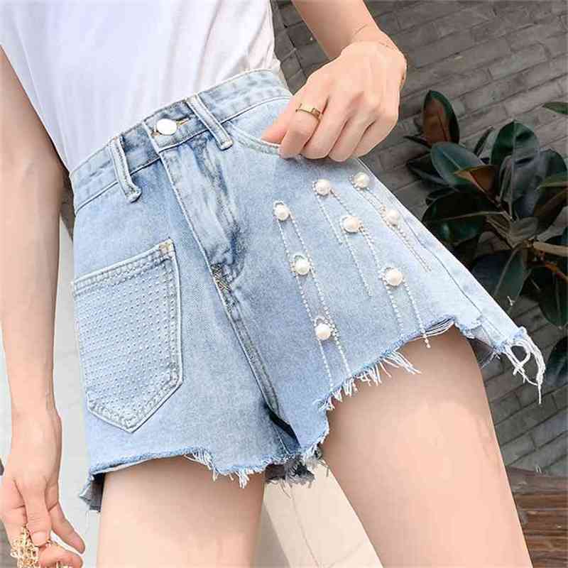 

Fashion women' shorts summer large size high-waist denim loose holes and thin wide-leg pants 210520, Lan