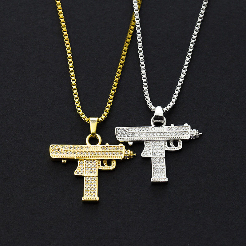 

Uzi Zirconium Diamond Pendant Necklace Hip-Hop Personality Submachine Accessories Creative Jewelry Gift, Silver