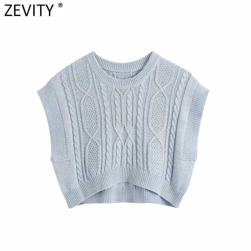 

Zevity Women Casual Twist Crochet Short Knitting Vest Sweater Female Chic O Neck Sleeveless Pullovers Crop Waistcoat Tops SW831 210603, As pic sw831