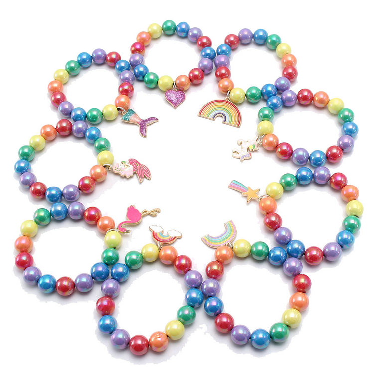 

INS 18 Styles Kids DIY Rainbow Beads Jewelry Mermaid Flamingo Charms Bracelet Cute Design Princess Bracelets for Girl Gift, Number1-9