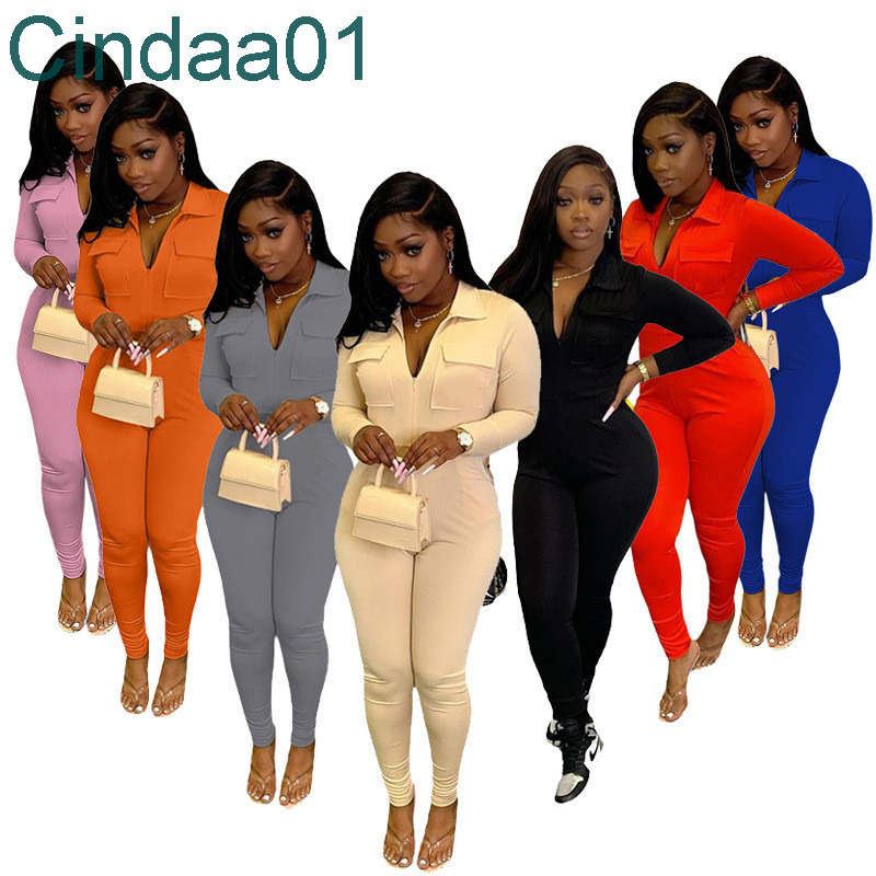 

Women Jumpsuits Designer Slim Sexy Solid Colour Zipper Casual Slim Fit Double Pocket Overalls Ladies Lapel Rompers 7 Colours, Orange