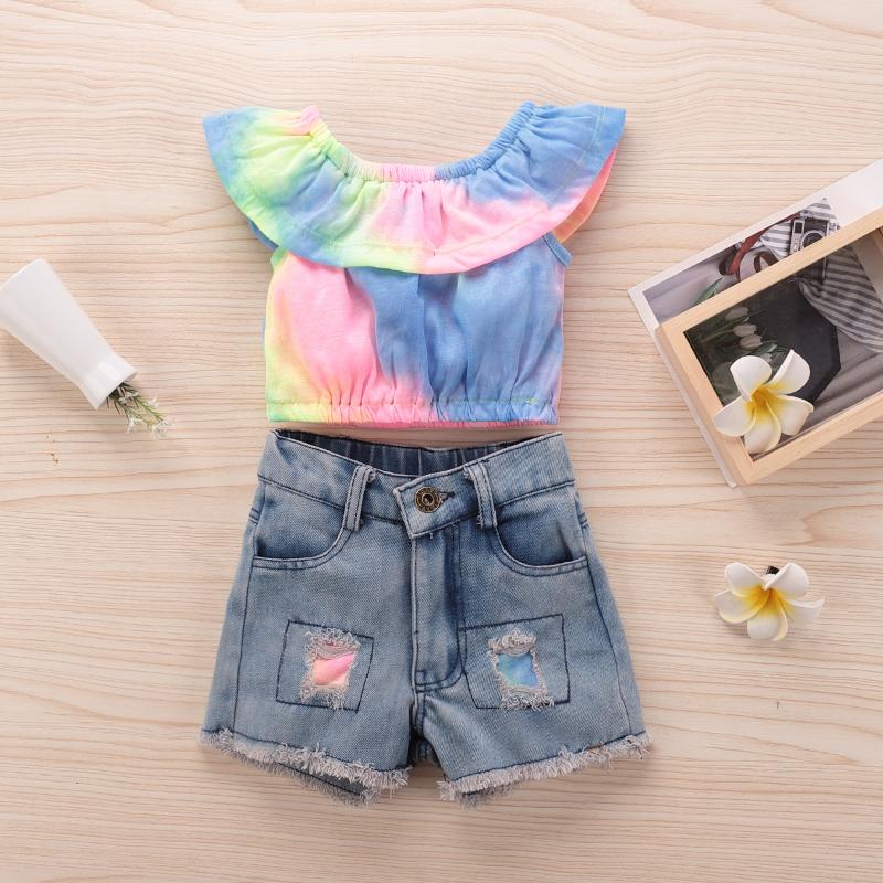 

Clothing Sets Baby & Children's Girl's Sleeveless Ruffled Boat Neck Colorful Short Tops With Ripped Jeans For Summer, Black