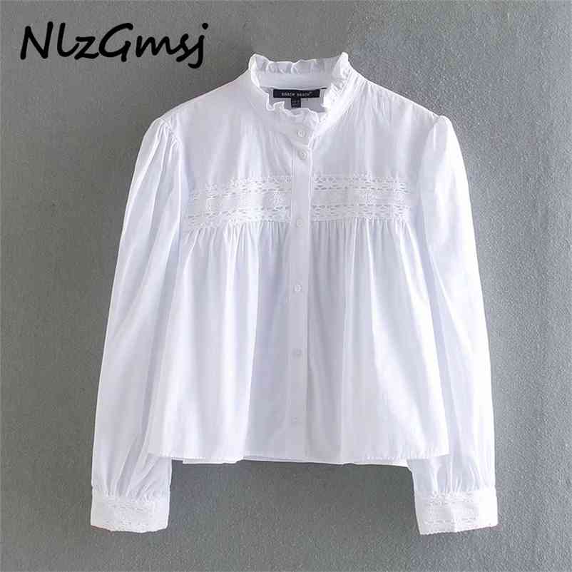 

Women Fashion With Lace Button-up Cropped Blouses Vintage Ruffled Collar Puff Sleeve Female Shirts Chic Tops 210628, As picture