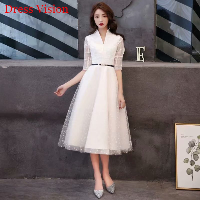 

Evening Dresses Lace Half Sleeves Women Prom Party Gowns Tea Length Vestido De Fiesta De Boda, White