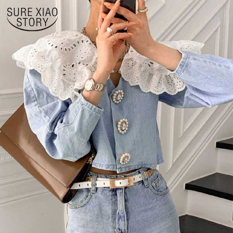 

Women Shirts Spring Autumn Korean Fashion Temperament Girls Age-Reducing Lace Doll Collar Demin Blouses Blusa 13968 210527, Blue