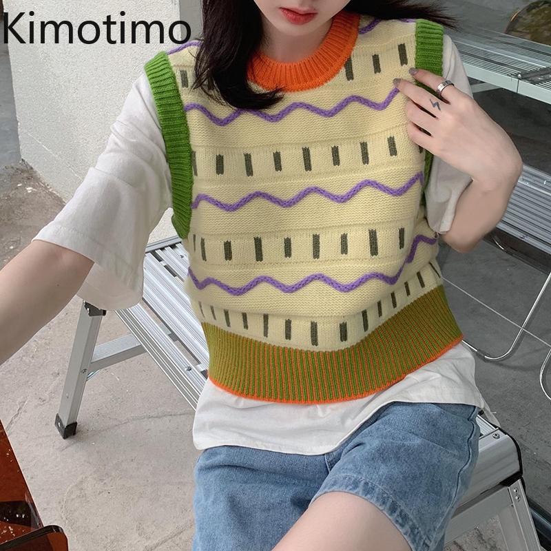 

Women's Vests Kimotimo Knitted Vest Women 2021 Autumn Winter Colorblock O-neck Sleeveless Pullover Korean Chic Overlap Design Short Waistcoa, Black;white