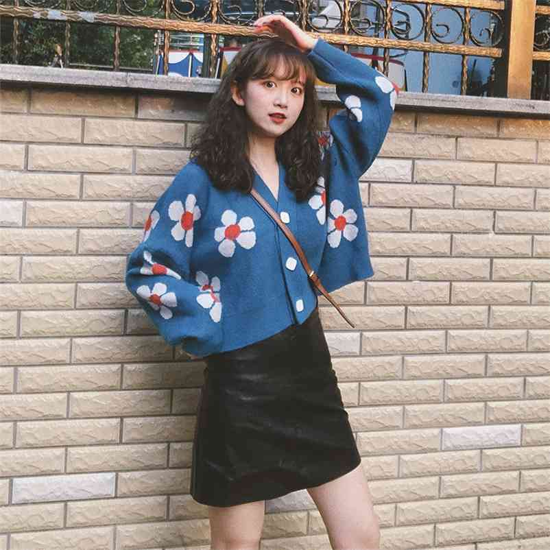 

Preppy Style Flower Knitted Cardigans Sweater Vintage Women V Neck Loose elegaht Thicked Pull Femme Print Short Casual Outwears 210517, Green